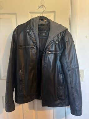 Guess Black Faux Leather Jacket with Gray Removable Hood